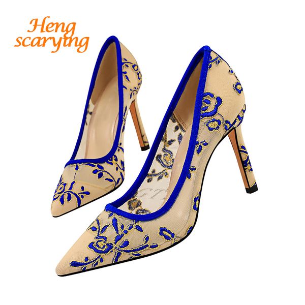 

2020 women 9.5cm high heels bridal lace mesh pumps size 40 lady summer embroider blue pumps heels female scarpins luxury shoes, Black
