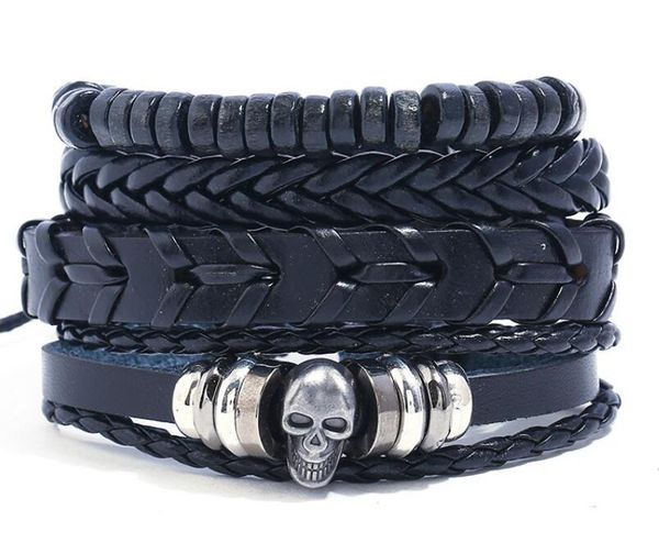

2020 100% genuine leather bracelet diy multiple skull wax rope beading men's combination suit bracelet 4styles/1set, Black