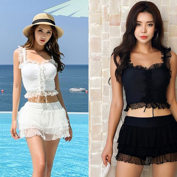 

women's split skirt belly-covering party swimsuit gathering women's swimsuit lace flounces 2019, Black