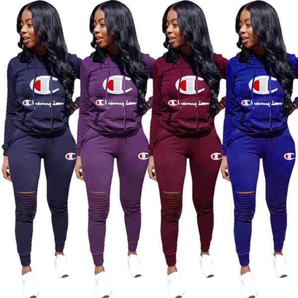 

champions women fall clothing ripped hoodies+leggings 2 piece set outfits shirts+tights jogger suit pullover sweatsuit s-3xl tracksuit 1260, White