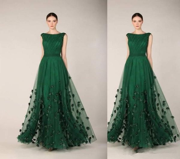 Vestidos de baile verde escuro vestido formal elegante e noturno bateau pescoço 3d flores de tule tule bished plissado comprimento de celebridade vestidos de noite