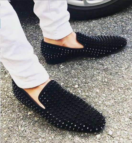 

brands men dress red soles loafers luxury party wedding shoes designer black suede leather studs spikes dress shoes for mens slip on flats