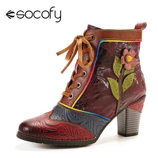 

socofy retro embossed genuine leather splicing pink flower high heel ankle boots elegant shoes women shoes botas mujer 2019, Black