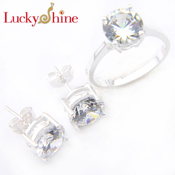 

luckyshine new wedding party gift jewelry sets white pink round crystal cubic zirconia ring stud earrings woman sets, Silver