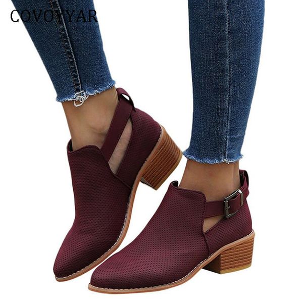 

covoyyar 2019 perforated winter women boots pointed toe ankle booties block heel buckle strap autumn shoes woman wbs485, Black