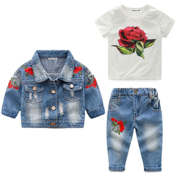 

2019 girls winter clothes sets baby girl denim suits for girls set coat+t-shirt+jeans 3pcs outfit for kids clothing, White