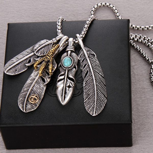 

metal feather necklace for men and women eagle engraved pendant chain for men cool metal pendant necklace, Silver