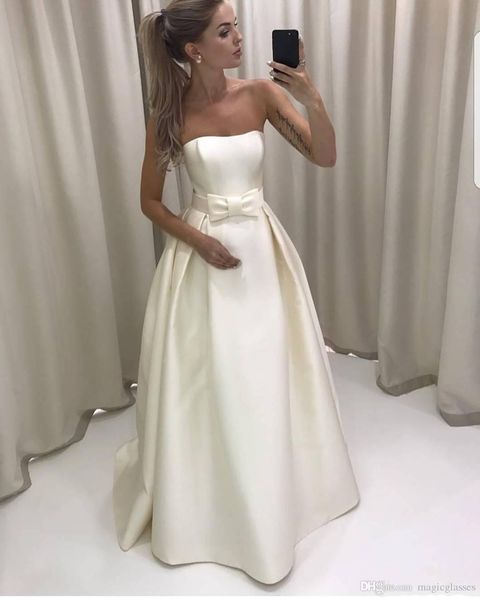 

Simple Strapless A-line Wedding Dress 2019 Newest Matte Satin Draped Bride Gown Ivory Bridal Long Dress Custom Made Vestidos De Novia