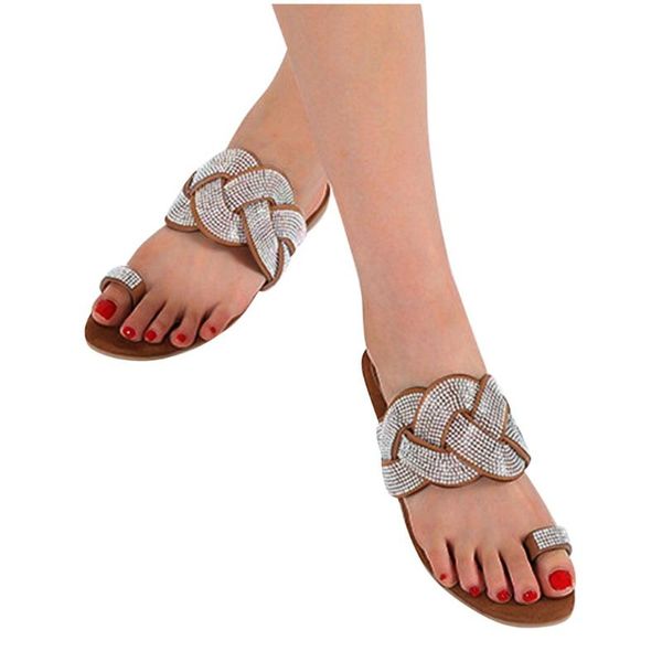 

shoes women toes weave crystal shiny bring summer elegant flat slipper sandals shoes casual flock ladies female slippers, Black