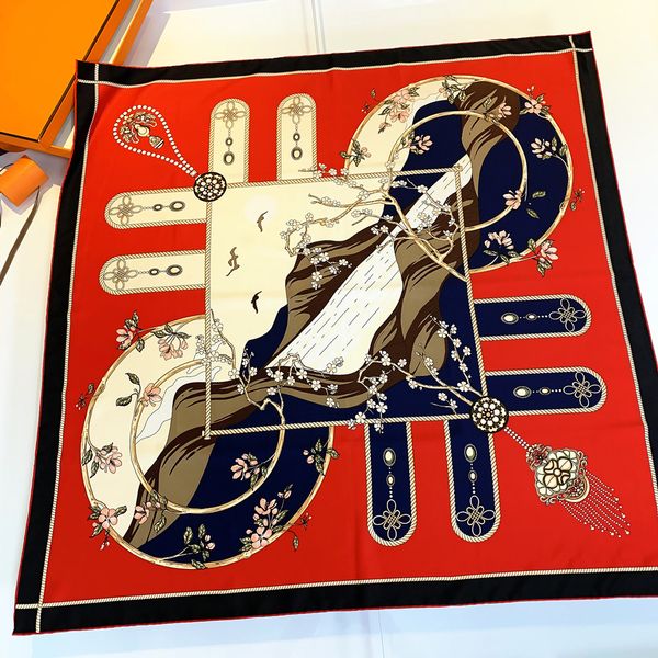 

handmade square silk scarf vintage red female foulard satin shawl scarfs big size 90*90cm bandana, Blue;gray