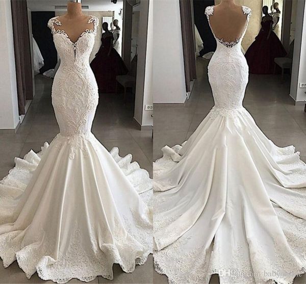 

new fashion lace mermaid wedding dresses cap sleeve sweetheart sheer open back ruched court train bridal gowns custom vestido de novia, White