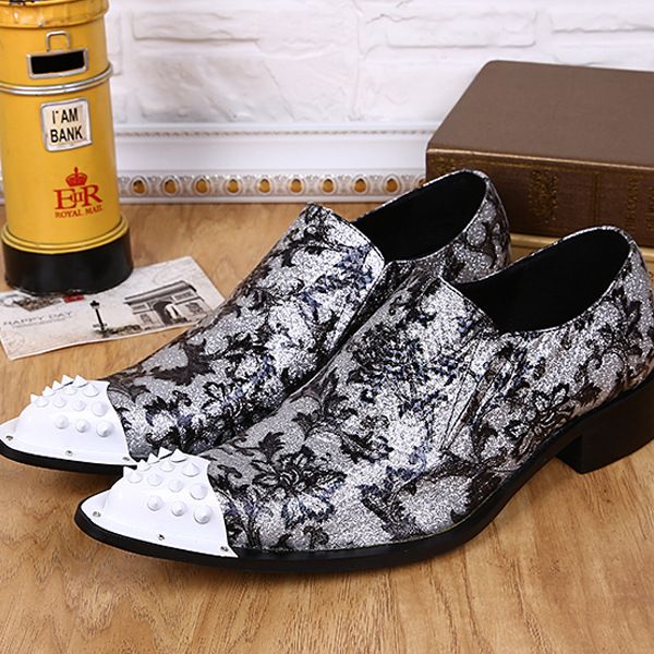 

man leather shoes white big rivets metal toe rock dress shoes men party wedding and t-show, Black