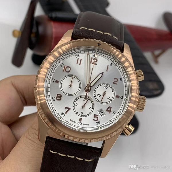 

2020 legible white dial 1884 accurate travel time quartz chronometer mens watches 46mm arabic numerals markers luminous watch wristwatches, Slivery;brown