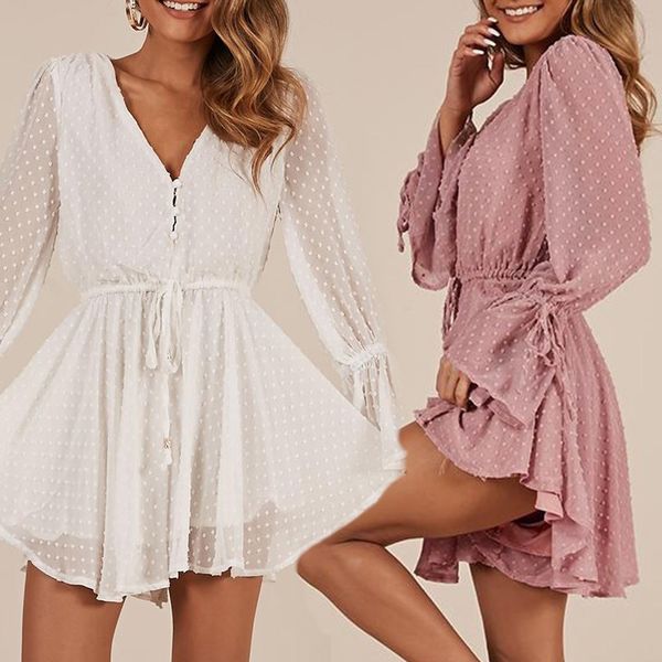 

v neck embroidery dot chiffon women jumpsuit elegant buttons summer overalls casual jumpsuit romper ladies party playsuit, Black;white