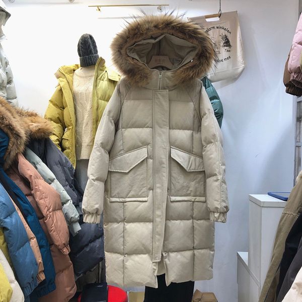 

down padded women's long winter coat thick over knee real raccoon fur collar winter jacket coat streetwear windproof warm coats, Black