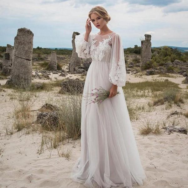 Abiti da sposa sexy Boho Maniche lunghe Abiti da sposa bohémien Appliques Tulle Lunghezza pavimento Abiti da sposa da spiaggia Abiti da sposa economici