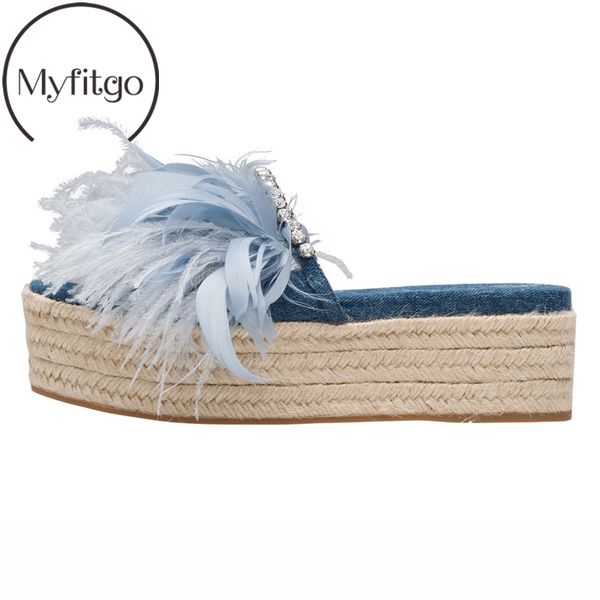 

myfitgo denim feather platform slippers women crystal open toe flats espadrilles sandals summer shoes fur slides beach slippers, Black