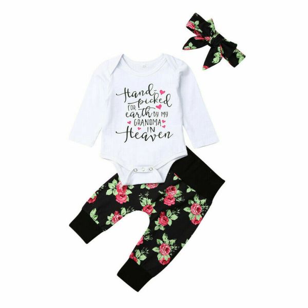 

2020 fashion 3pcs newborn baby girl clothes long sleeve romper+floral leggings pants+headband outfit set spring autumn, White