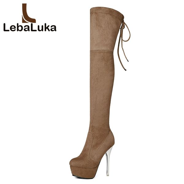 

lebaluka 8 colors thin heels platform shoes over knee boots cross strap winter warm boots shoes women footwear size 34-43, Black