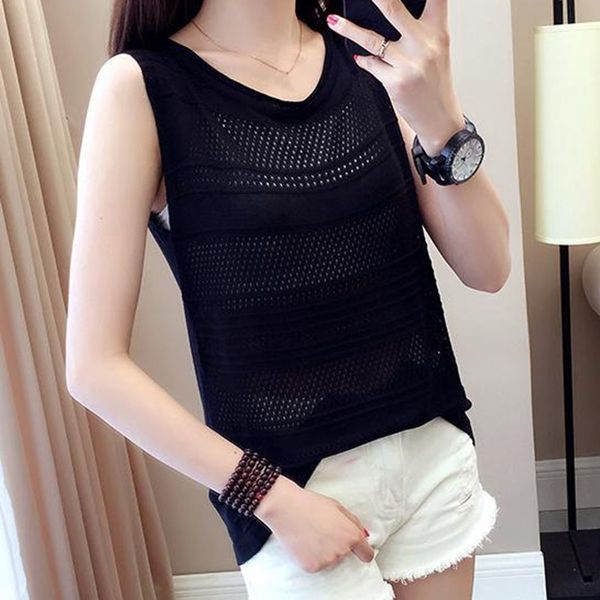 

solid color versatile sleeveless hollow out for women female 2019 o-neck slim casual tank vest summer, White