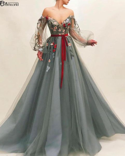 

long sleeve muslim evening dress 2019 embroidery flowers tulle islamic dubai arabic elegant evening gown gray formal dress, White;black
