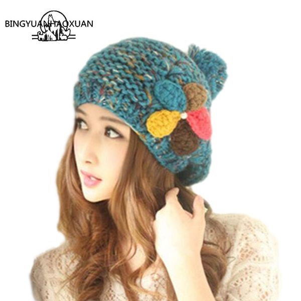 

bingyuanhaoxuan newfashion winter berets for women knitted woolen flat caps french style big woolen ball beanie hat ladies beret, Blue;gray