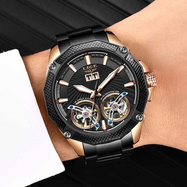 

2020 automatic watch men lige black classic mechanical mens watches fashion double waterproof clock, Slivery;brown