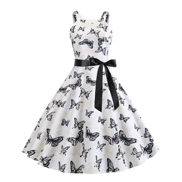 

chamsgend dress summer women dress femme summer 2019 vintage retro sleeveless belt print evening party prom swing g0418#10, Black;gray