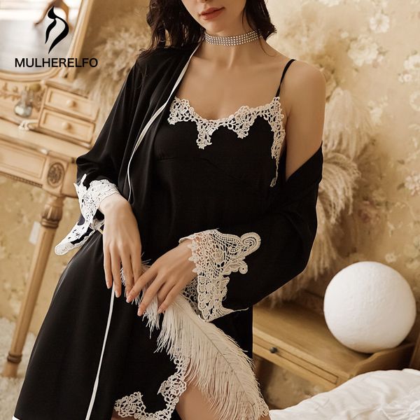 

summer lace nightgown nightdress set lace stitching split asymmetric nightdress belt short sleeve robe nightgown suit women, Black;red