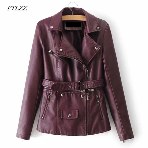 

ftlzz new women pu leather jacket autumn winter detachable zipper rivet with belt motorcycle jacket female casual punk coat, Black