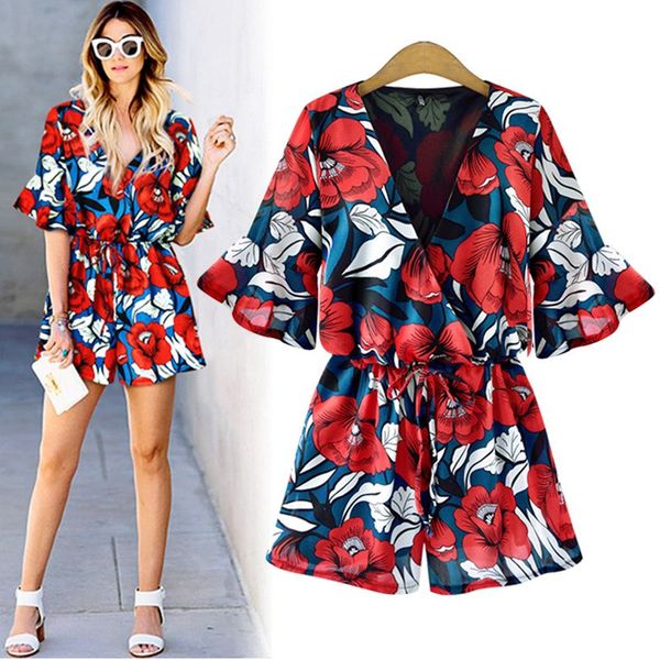 

2019 fashion spring summer plus size women short flower print playsuits deep v neck sashes boho floral print playsuits, Black;white