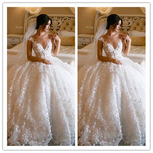 

deep v neck wedding dresses princess ball gown 3d lace plus size sweep train formal wedding robes de mariee, White