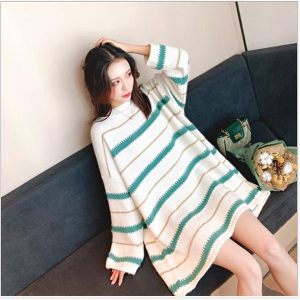 

fashion striped women sweater dress autumn 2020medium-long knitted dress pullovers female loose o-neck long sleeve knitwear m322, White;black