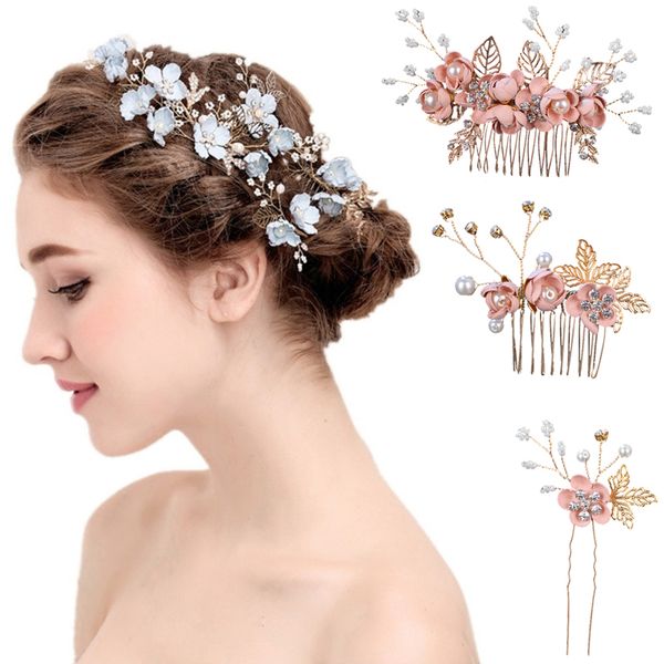 

korean rhinestones pearl bridal hair combs wedding crystal princess crown hair clips hairpins women accessories, Golden;white