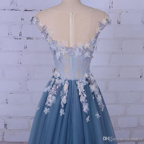 Vestido de festa de noite para mulher colher a linha decorado com flor tull azul vestido de baile para formatura 2019309v