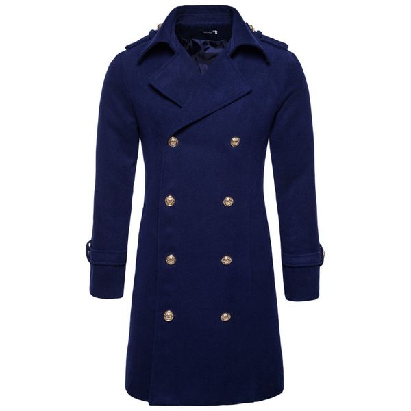

europe/us size autumn winter double breasted woolen coat men england style slim fit long windbreaker jacket male casual pea coat, Black