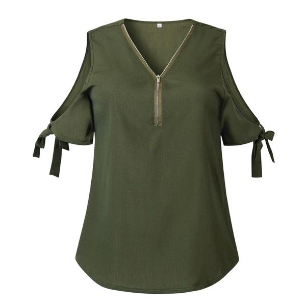 

solid v neck cold shoulder women lace up loose pullover daily street with zipper shopping short sleeve summer casual, White