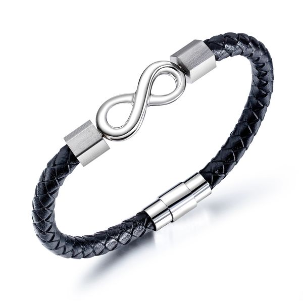 

pu leather bracelets for men stainless steel black sliver knit retro style infinite character eight hand chain mens jewelry for boys gifts, Golden;silver