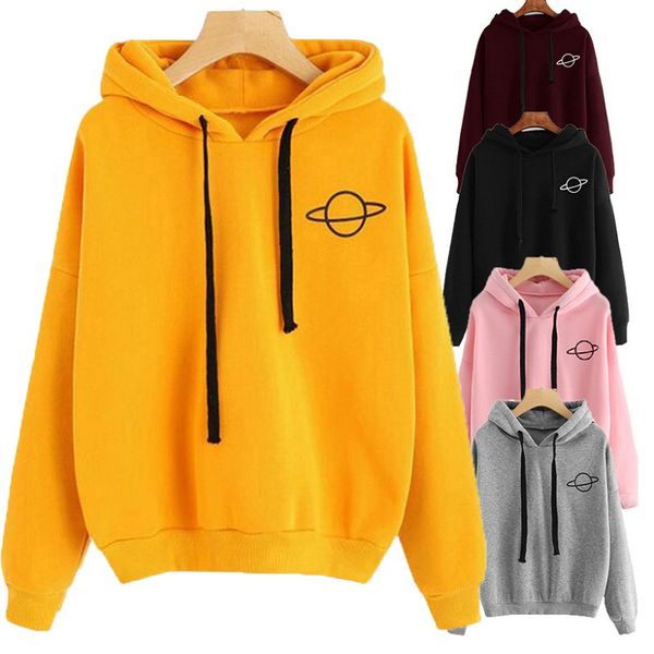 

women hoodies planet print casual solid loose drawstring sweatshirt fashion long sleeve hooded fashion autumn female pullover, Black