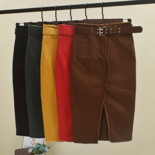 

spring summer women lady red black green high waisted tassel stretch pencil denim skirt womens elastic jeans skirts 2020 da188