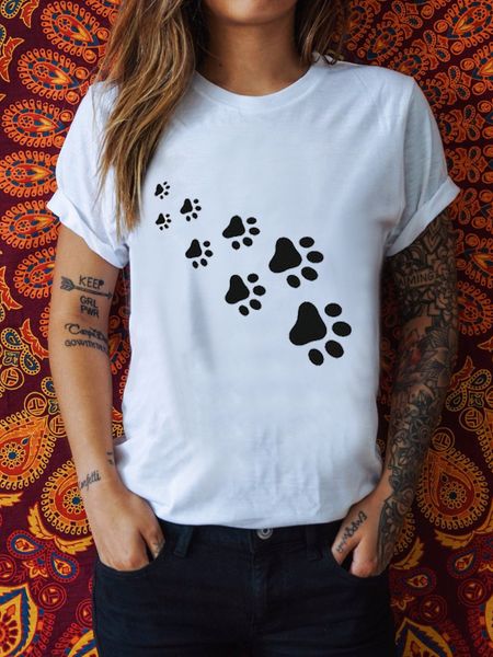 

fashion cute cat footprint polyester summer breathable casual short sleeve screen print women tee shirts, White