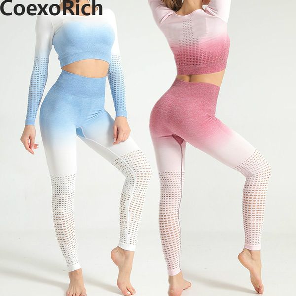

woman long sleeve sport suit 2 piece seamless yoga set hollow out gym clothes fitness crop high waist workout leggings