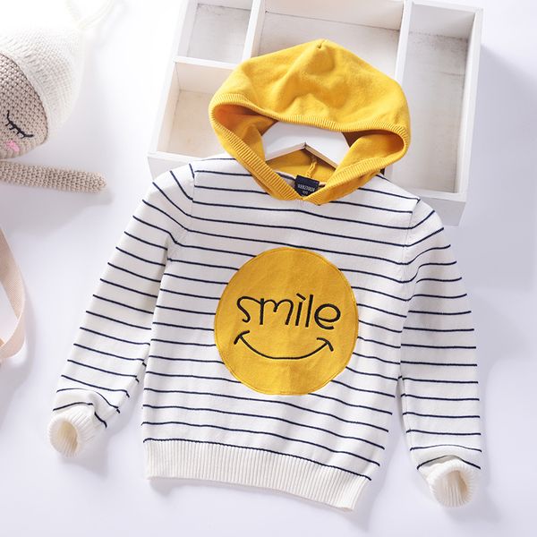 

smile happy striped boys girls knitted wear hooded kids sweaters cotton spring autumn children's clothing pullover, White