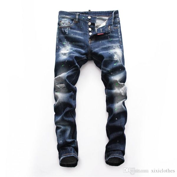 

brand мужские дизайнерские джинсы байкер брюки привет-стрит slim fit окрашенный denim бегуны мужчина straight плиссе роскоши моды узкие джин, Blue
