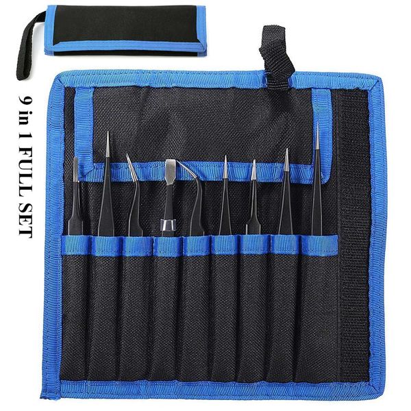 

newly 9 pcs/set precision tweezers tools kit anti-static stainless steel tweezers with storage bag for lab electronics jewelry v