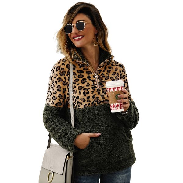 

leopard patchwork faux fur hoodies women pockets warm autumn winter fleece oversized sweatshirt casual turtleneck pullover, Black