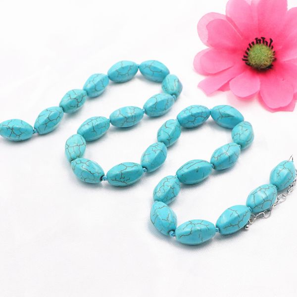 

fashion women chokers necklace turquoises stone 10x16mm hexagon rice knotted chain strand jewelry 18inch a805 custom necklaces, Golden;silver