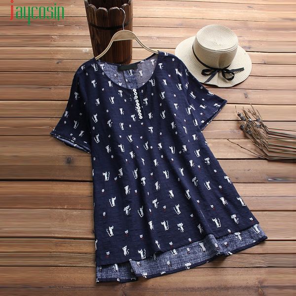 

jaycosin linen t shirt new arrivals cat print vintage long sleeve shirt 2019 woman tee casual female t-shirts -5xl, White
