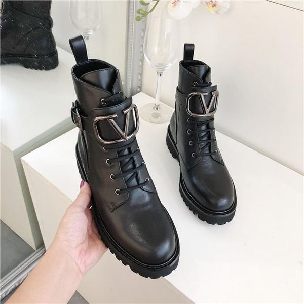 

new european and american style metal v buckle short boots, lace-up platform martin boots, Black