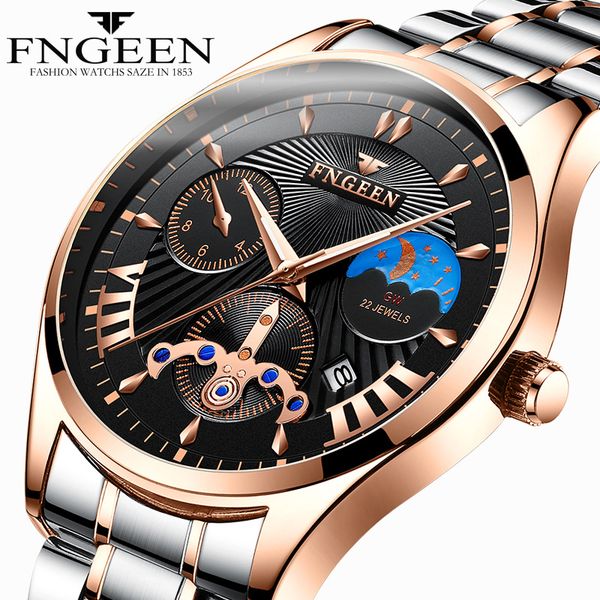 

fngeen watch men non automatic mechanical wristwatch steel waterproof luminous hour men's watches 2019 fashion luxury male clock, Slivery;brown